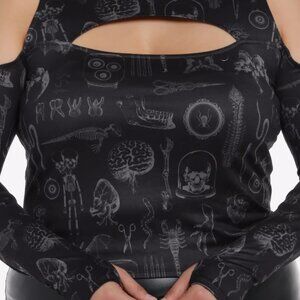 COSMIC AURA Long-Sleeved Hooded Crop Top BLACK GRAY keyhole cutout Goth print
